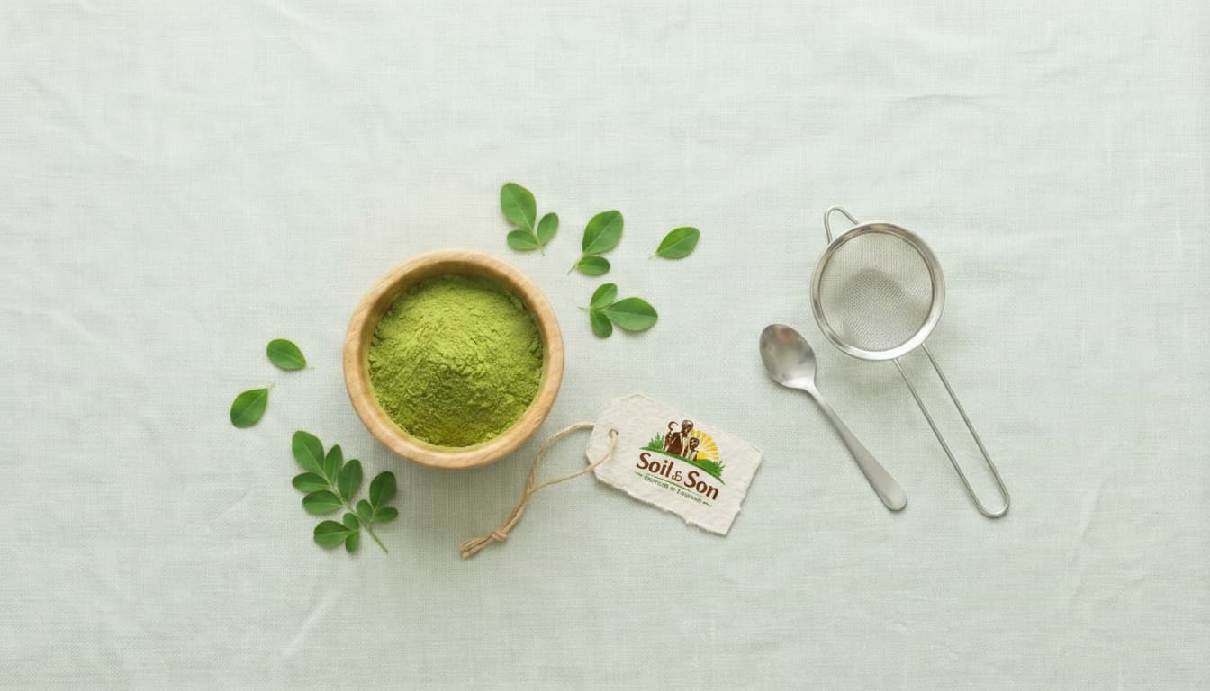 Soil & Son pure natural powder in wooden bowl with fresh leaves